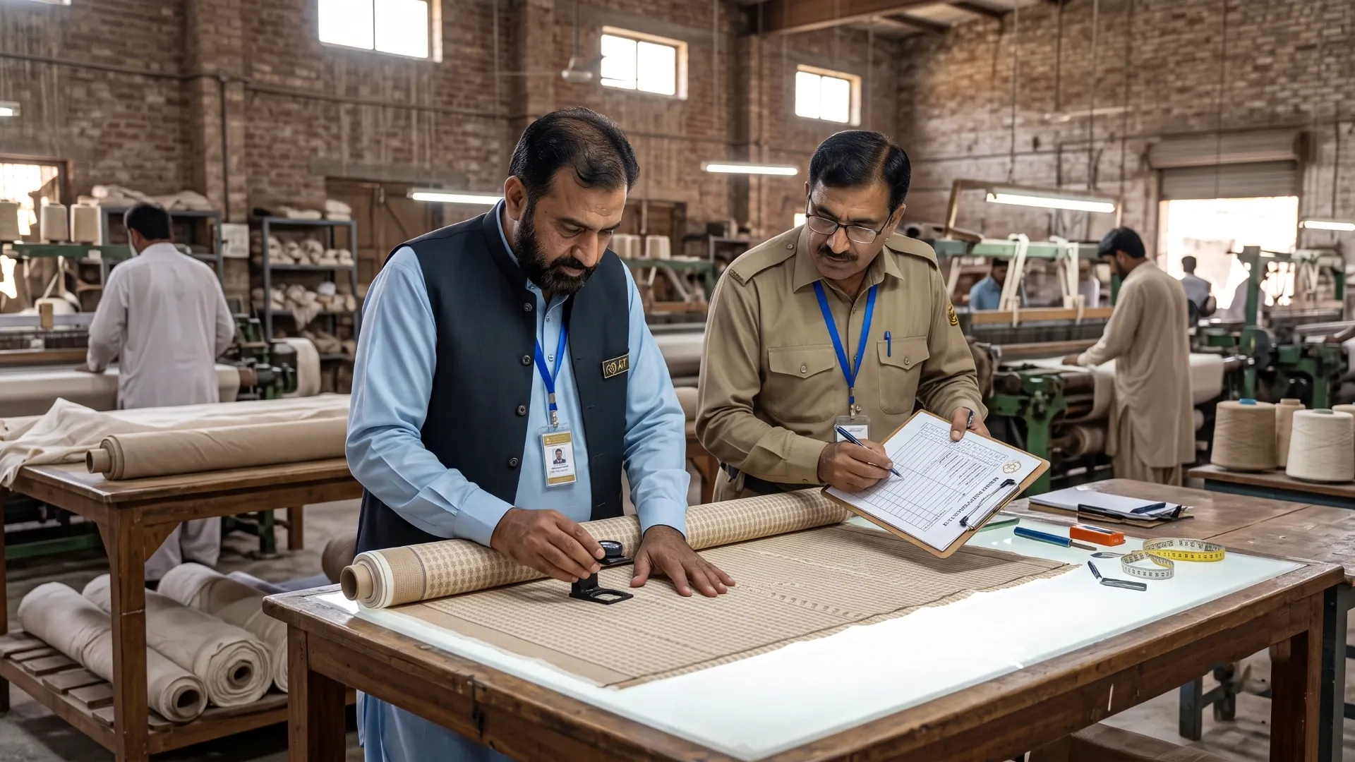 QA engineers inspecting fabric at Awais Textiles